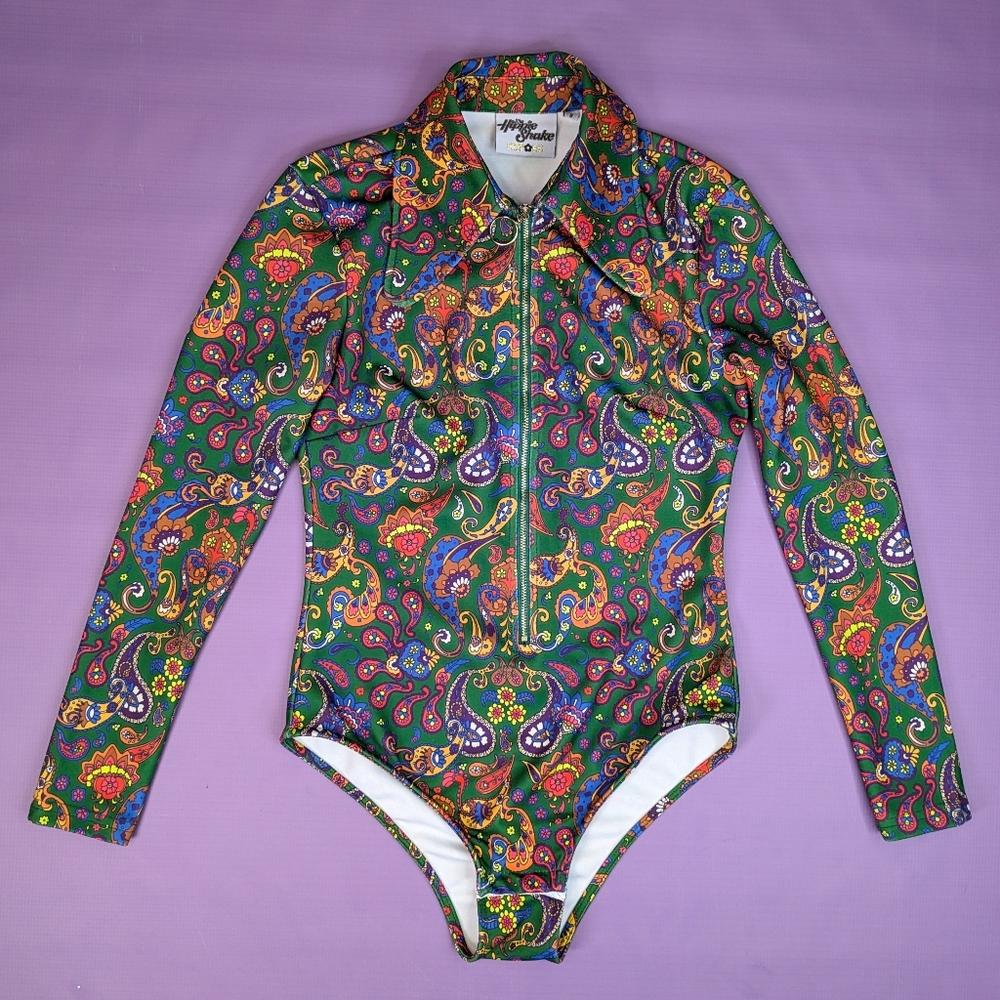 Hippie Shake Retro Paisley Green Long Sleeve Zipper Bodysuit Leotard Top Medium